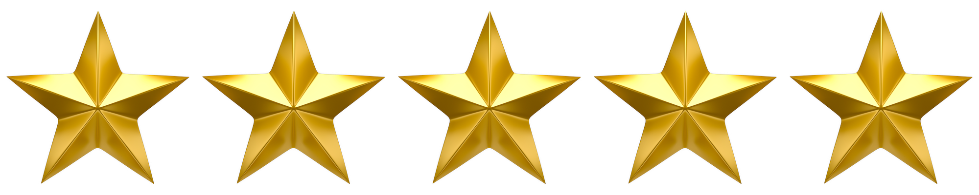 Five gold stars in a row on white background