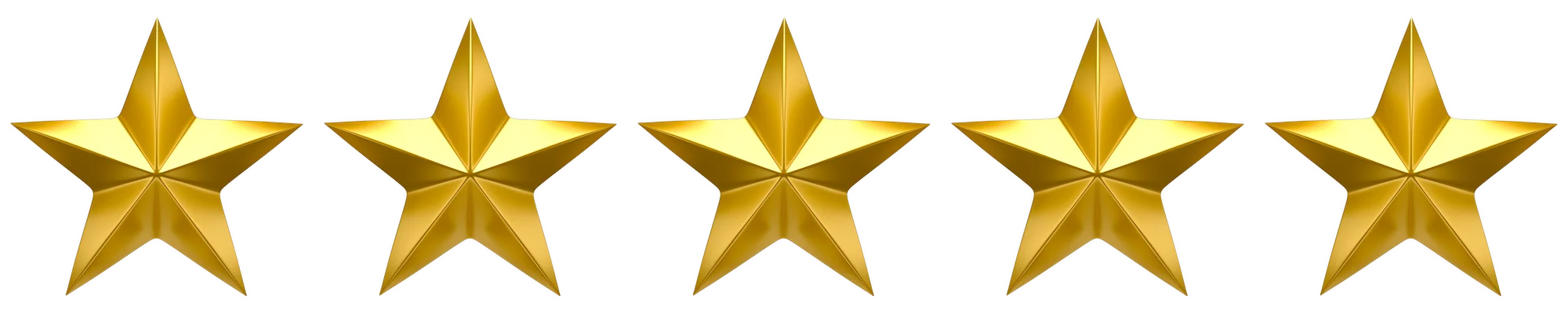 Five gold stars in a row on white background