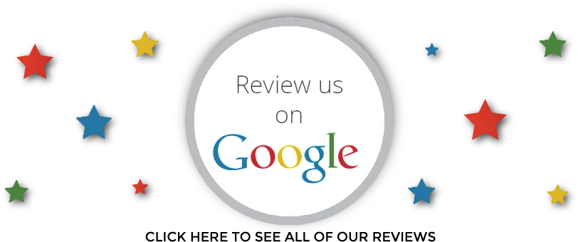 Review us on Google with colorful stars surrounding the Google logo and text directing to click for all reviews