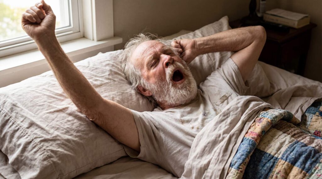 Older man stretching in bed after waking, yawning with one arm raised above his head