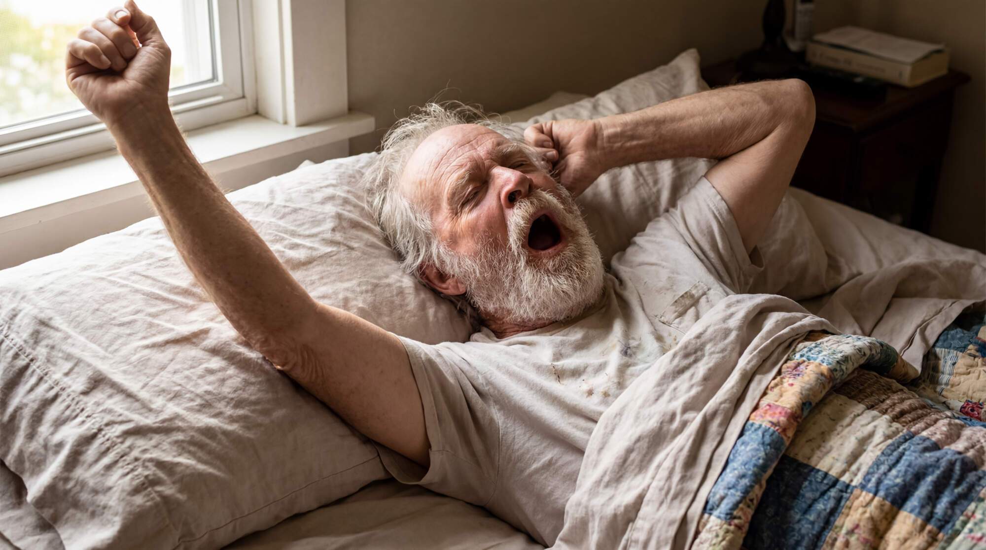 Older man stretching in bed after waking, yawning with one arm raised above his head